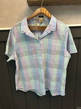 LL Bean 2X Top Shirt Blouse Pink Green Seersucker 100% Cotton Button Up